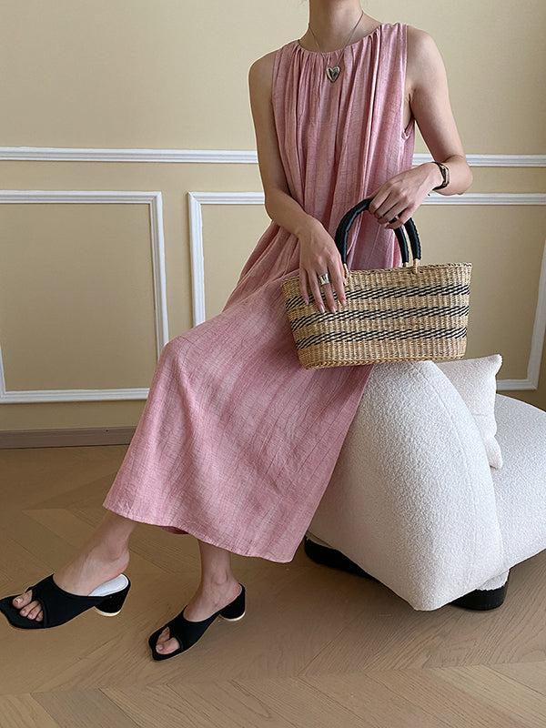 Momentlover Solid Color Pleated Sleeveless Loose Round-Neck Midi Dresses