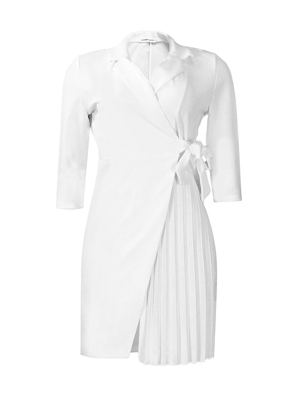 Momentlover Tied Waist Split-Front Solid Color Pleated Three-Quarter Sleeves V-Neck Mini Dresses