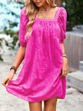 Momentlover Solid Color Jacquard Puff Sleeves Loose Square-neck Mini Dresses