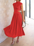 Momentlover Solid Color Pleated Belly-Hollow Cap Sleeve Stand Collar Maxi Dresses