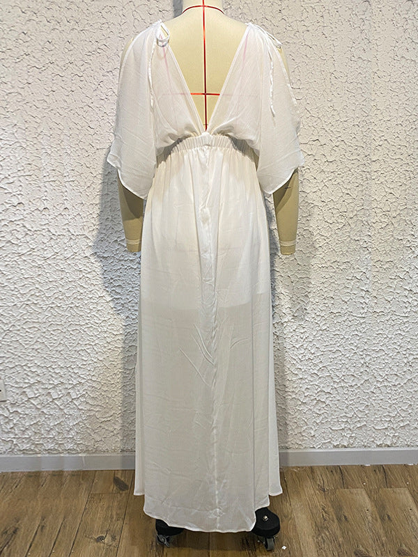 Momentlover Split-front Solid Color Loose Batwing Sleeves Deep V-Neck Maxi Dresses