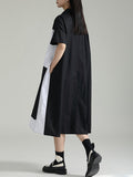 Momentlover Split-Joint Contrast Color Asymmetric Short Sleeves Loose Lapel Shirt Dress Midi Dresses