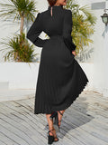 Momentlover Tied Waist Solid Color Pleated Hollow Long Sleeves High Waisted Mock Neck Midi Dresses