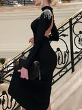Momentlover Tasseled Split-side Back Cross Skinny Long Sleeves High Neck Midi Dresses Evening Dresses