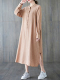 Momentlover Striped Split-Side Buttoned Loose Long Sleeves Round-Neck Shirt Dress Midi Dresses