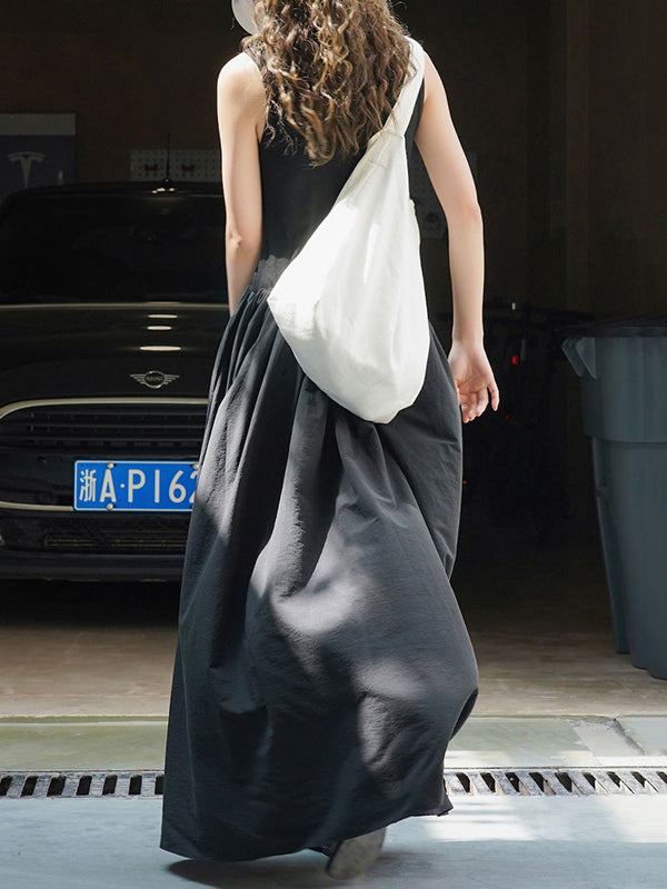 Momentlover Split-Joint Solid Color Pleated Sleeveless Loose Round-Neck Maxi Dresses