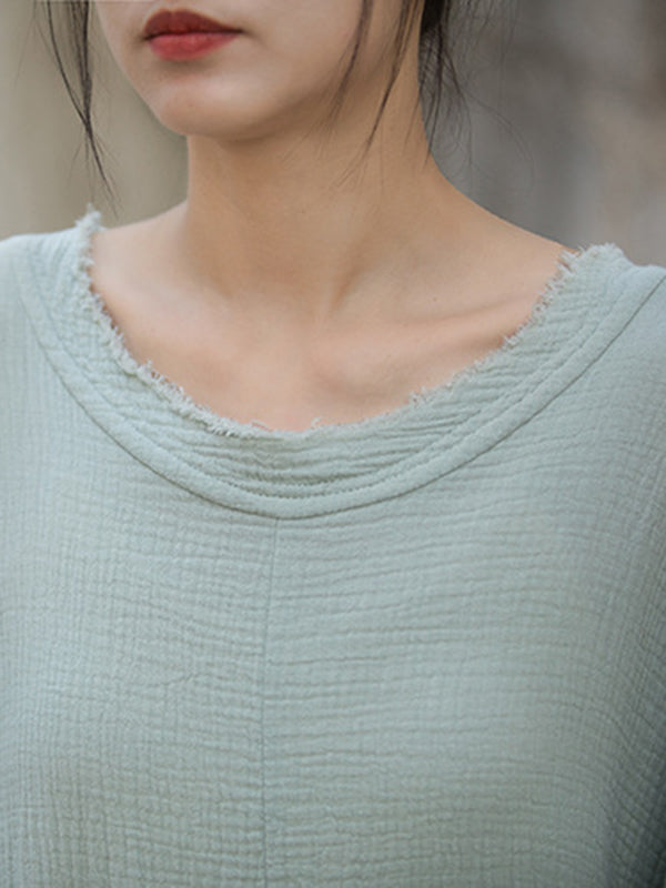 Momentlover Split-Side Solid Color Loose Long Sleeves Round-Neck Midi Dresses