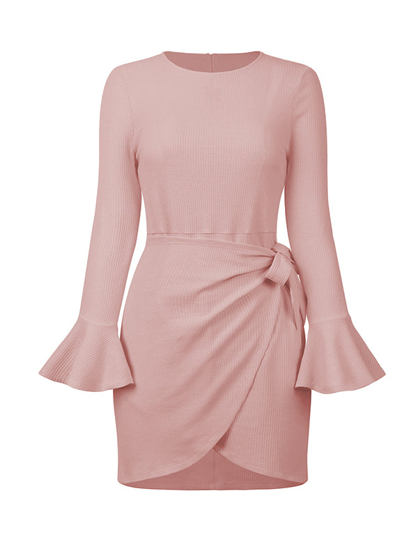 Momentlover Simple Long Sleeves Skinny Tied Falbala Solid Color Round-Neck Mini Dresses