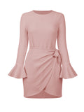 Momentlover Simple Long Sleeves Skinny Tied Falbala Solid Color Round-Neck Mini Dresses
