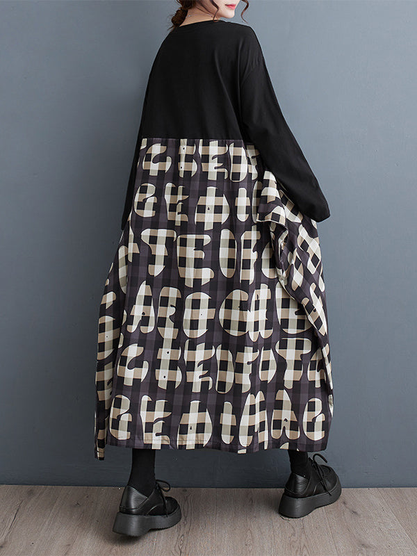 Momentlover Split-Joint Ruffled Printed Loose Long Sleeves Round-Neck Midi Dresses