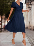 Momentlover Split-Joint Solid Color Pleated Knot Elasticity Short Sleeves Puff Sleeves V-neck Midi Dresses