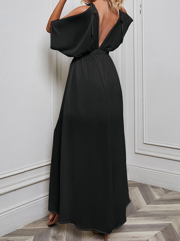 Momentlover Split-front Solid Color Loose Batwing Sleeves Deep V-Neck Maxi Dresses