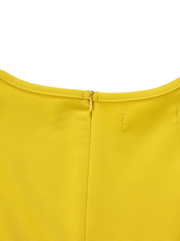 Momentlover Solid Color Belted Puff Sleeves Plus Size Round-neck Midi Dresses