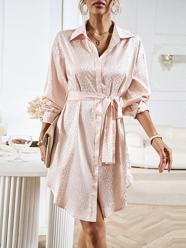 Momentlover Tied Waist Leopard Buttoned Loose Long Sleeves Lapel Shirt Dress Mini Dresses