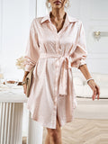 Momentlover Tied Waist Leopard Buttoned Loose Long Sleeves Lapel Shirt Dress Mini Dresses