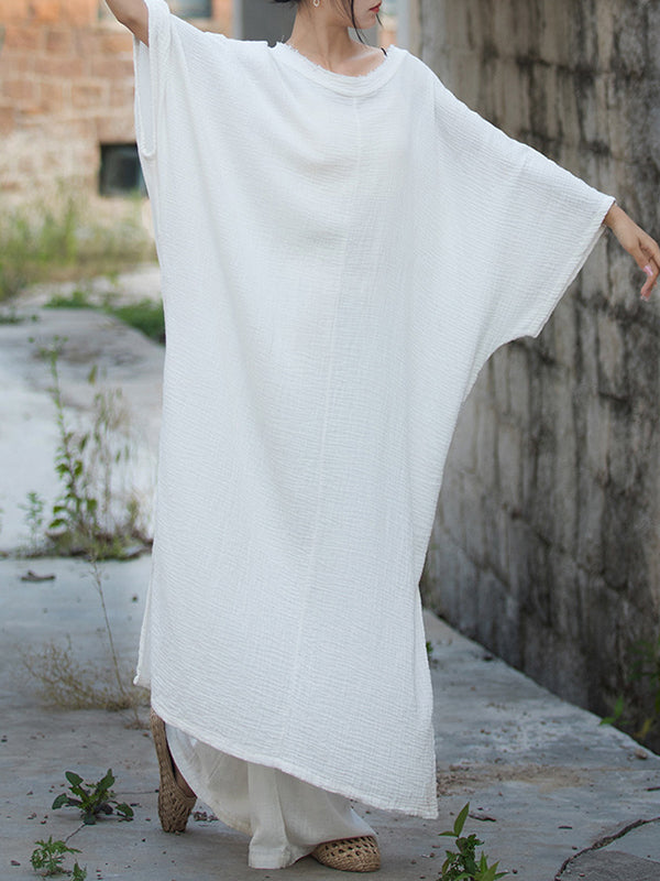 Momentlover Split-Side Solid Color Loose Long Sleeves Round-Neck Midi Dresses