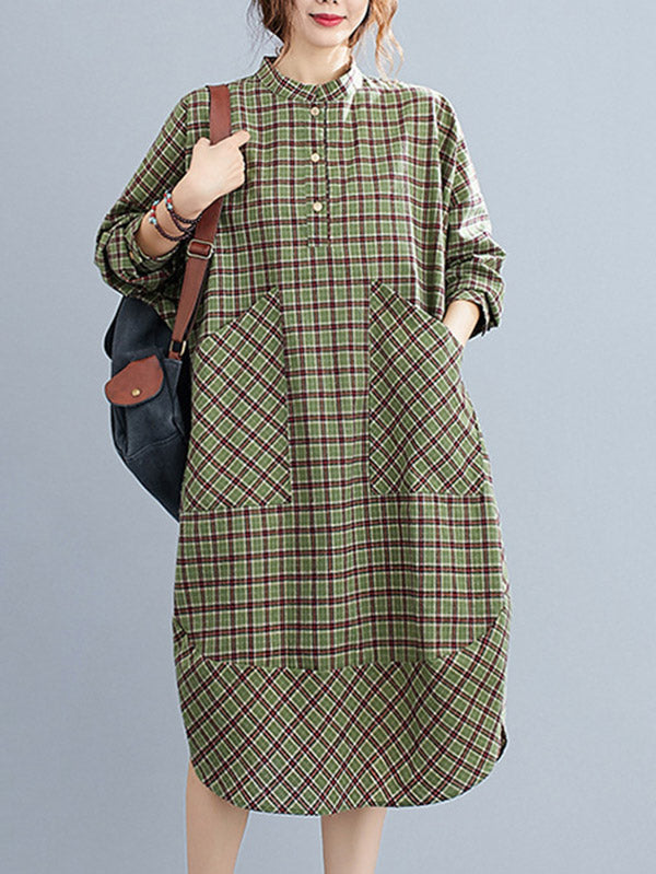 Momentlover Vintage Plaid Irregularity Shirt Dresses