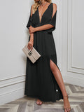 Momentlover Split-front Solid Color Loose Batwing Sleeves Deep V-Neck Maxi Dresses