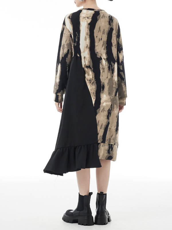 Momentlover Split-Joint Ruffled Contrast Color Asymmetric Loose Long Sleeves Round-Neck Midi Dresses