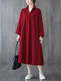 Momentlover Solid Color Buttoned Loose Long Sleeves V-Neck Shirt Dress Midi Dresses