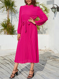 Momentlover Tied Waist Solid Color Pleated Hollow Long Sleeves High Waisted Mock Neck Midi Dresses