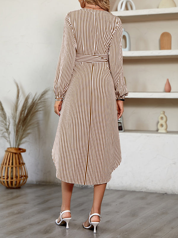 Momentlover Tied Waist Striped Puff Sleeves Loose V-Neck Shirt Dress Midi Dresses