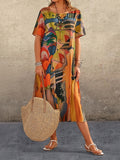 Momentlover Printed Short Sleeves Loose Round-Neck Midi Dresses