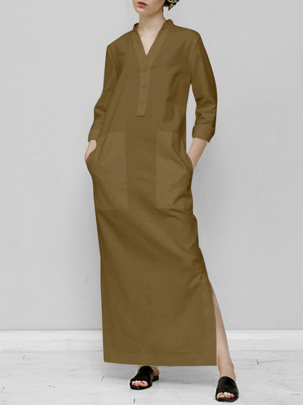 Momentlover Split-Joint Solid Color Plus Size Loose V-Neck Maxi Dresses