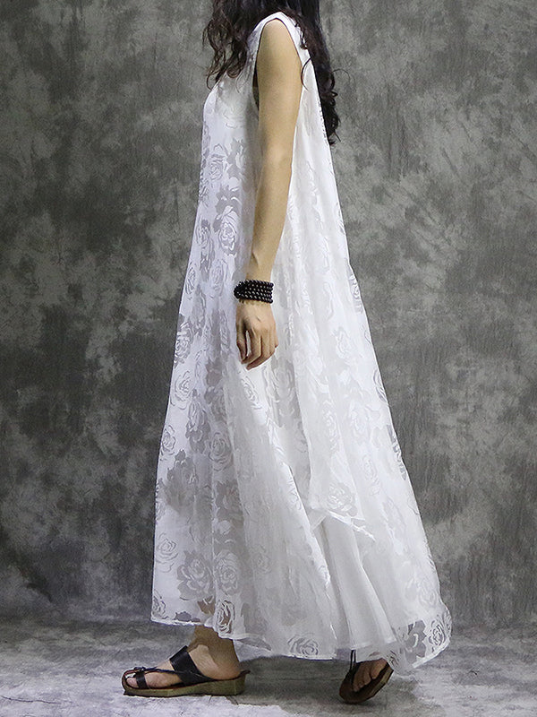 Momentlover Solid Color Flower Print Sleeveless Loose V-Neck Midi Dresses