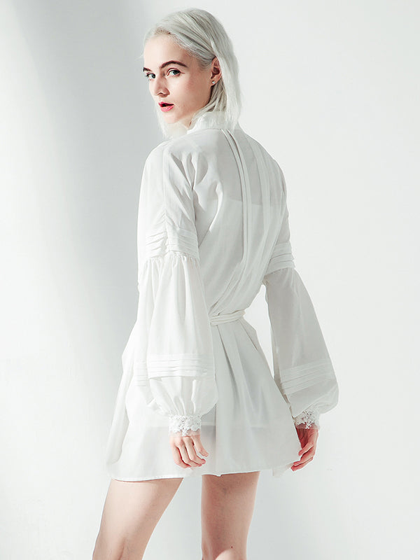 Momentlover Vacation Long Sleeves Puff Sleeves Embroidered Solid Color Stand Collar Mini Dresses