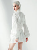 Momentlover Vacation Long Sleeves Puff Sleeves Embroidered Solid Color Stand Collar Mini Dresses