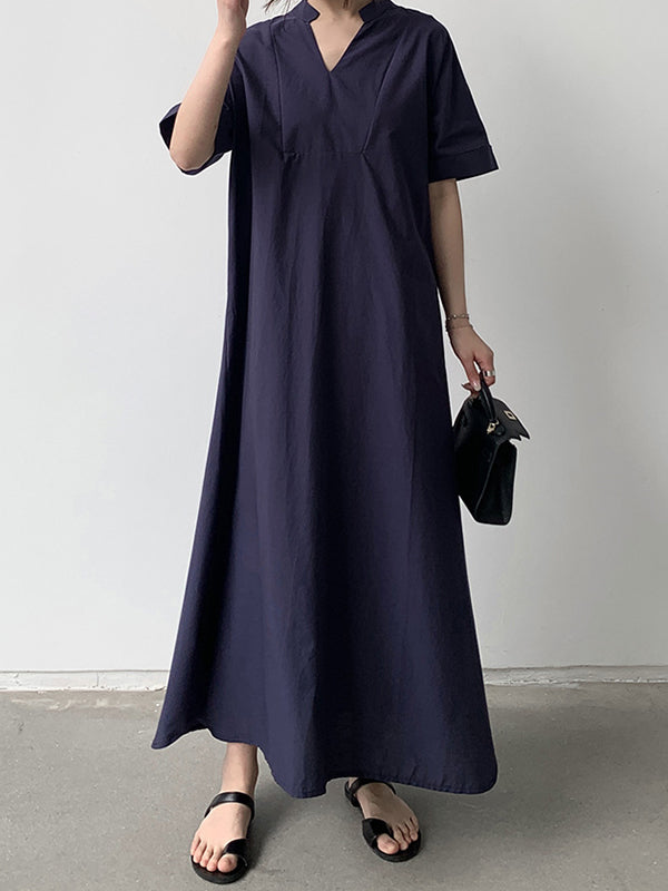 Momentlover Solid Color Short Sleeves Loose V-Neck Maxi Dresses