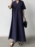 Momentlover Solid Color Short Sleeves Loose V-Neck Maxi Dresses