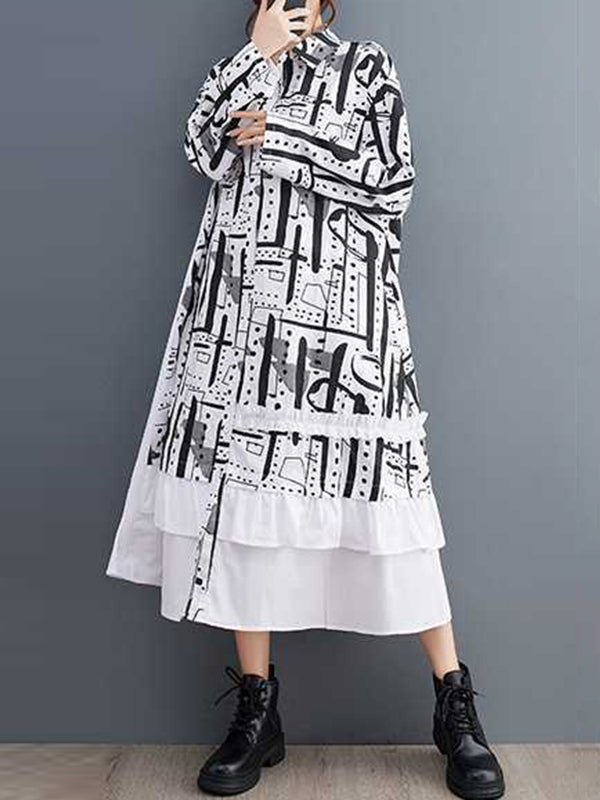 Momentlover Split-Joint Printed Buttoned Asymmetric Loose Long Sleeves Lapel Midi Dresses