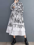 Momentlover Split-Joint Printed Buttoned Asymmetric Loose Long Sleeves Lapel Midi Dresses