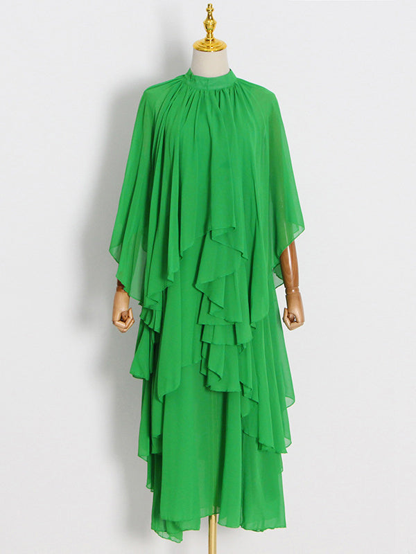 Momentlover Tiered Solid Color Raglan Sleeve Loose Stand Collar Maxi Dresses