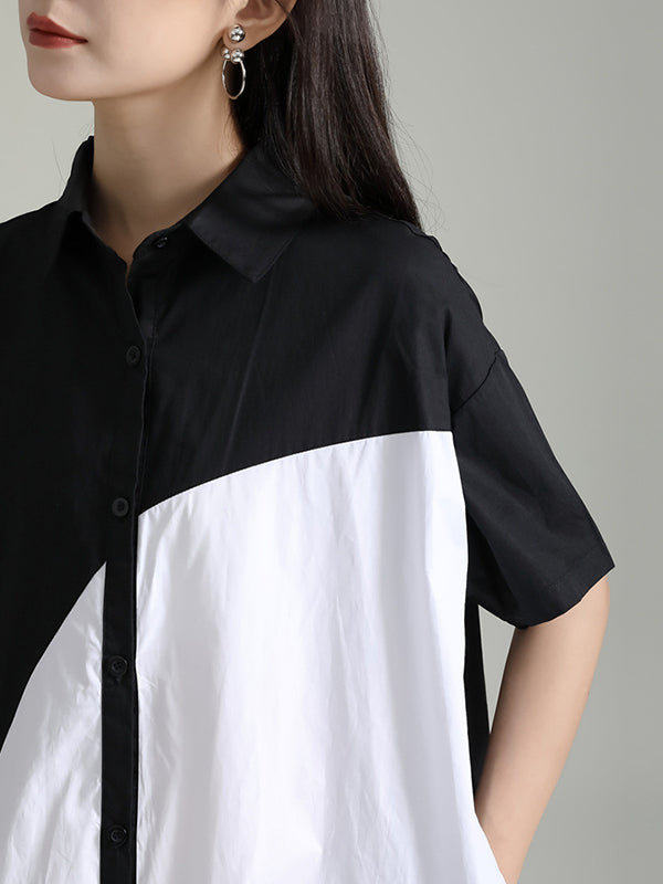 Momentlover Split-Joint Contrast Color Asymmetric Short Sleeves Loose Lapel Shirt Dress Midi Dresses