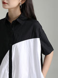 Momentlover Split-Joint Contrast Color Asymmetric Short Sleeves Loose Lapel Shirt Dress Midi Dresses