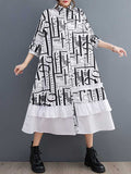 Momentlover Split-Joint Printed Buttoned Asymmetric Loose Long Sleeves Lapel Midi Dresses