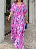 Momentlover Printed Multi-Colored Short Sleeves Loose V-neck Maxi Dresses