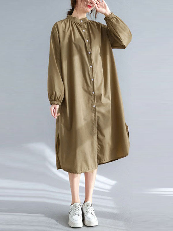 Momentlover Split-Side Elasticity Buttoned Loose Long Sleeves Mock Neck Shirt Dress Midi Dresses