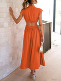 Momentlover Solid Color Pleated Belly-Hollow Cap Sleeve Stand Collar Maxi Dresses