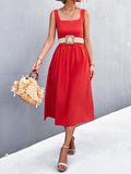 Momentlover Split-Joint Solid Color Pleated Sleeveless High Waisted U-Neck Midi Dresses