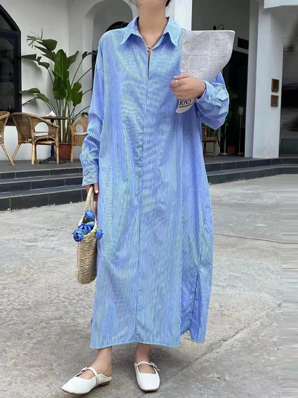 Momentlover Striped Loose Long Sleeves Lapel Shirt Dress Midi Dresses
