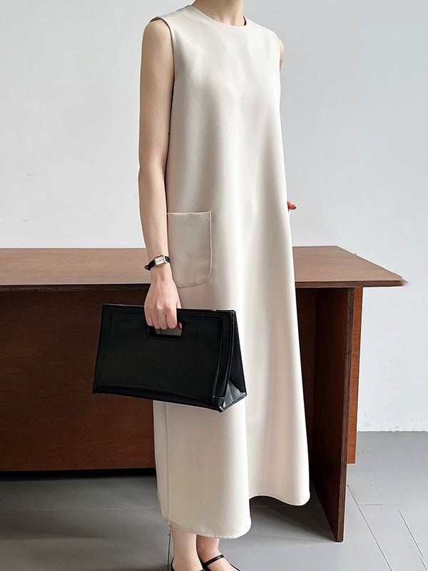 Momentlover Solid Color Sleeveless Loose Round-Neck Midi Dresses