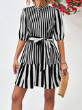Momentlover Striped Buttoned Loose Half Sleeves Stand Collar Mini Dresses