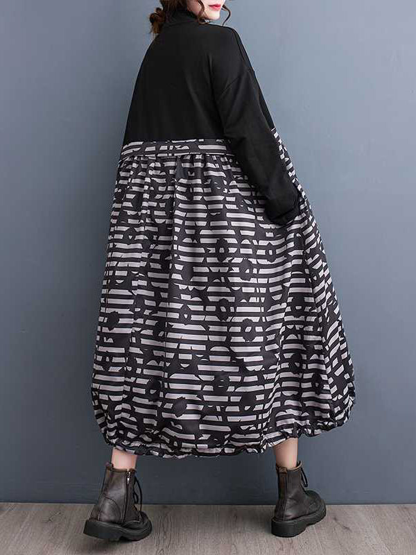 Momentlover Zipper Split-Joint Printed Drawstring Loose Long Sleeves Midi Dresses