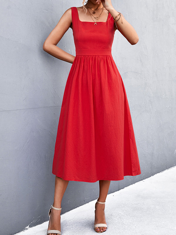 Momentlover Split-Joint Solid Color Pleated Sleeveless High Waisted U-Neck Midi Dresses