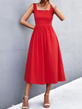Momentlover Split-Joint Solid Color Pleated Sleeveless High Waisted U-Neck Midi Dresses