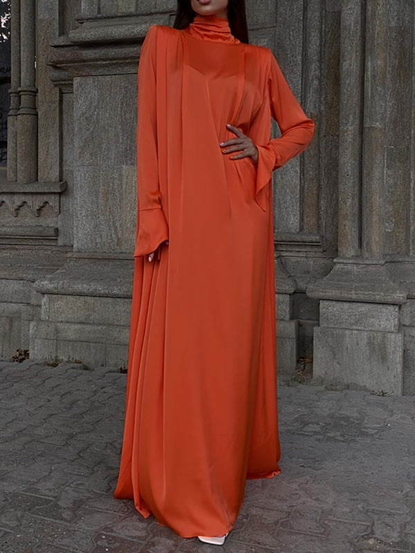 Momentlover Solid Color Loose Long Sleeves High-neck Maxi Dresses